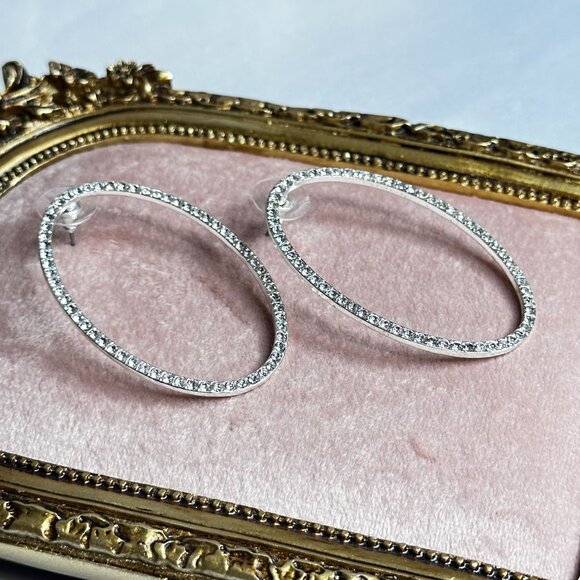 Large Oval Rhinestone Hoop Earrings By Park Lane Jewelry Silver-tone Oversized - Picture 3 of 6